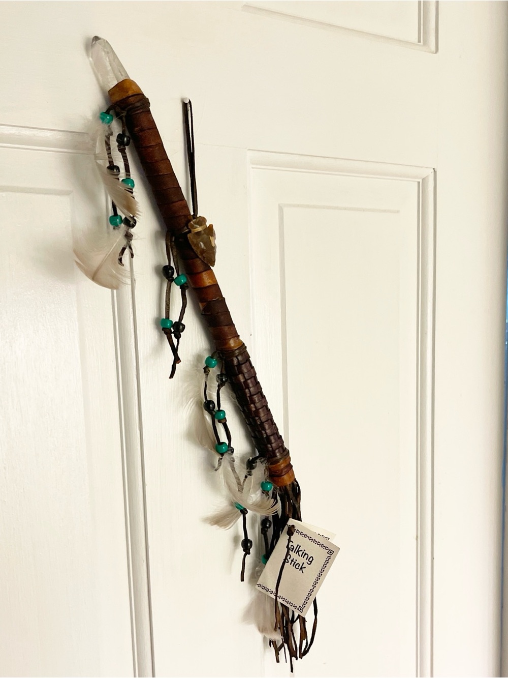 Navajo Brown Leather Talking Stick, Handmade & Signed Tag